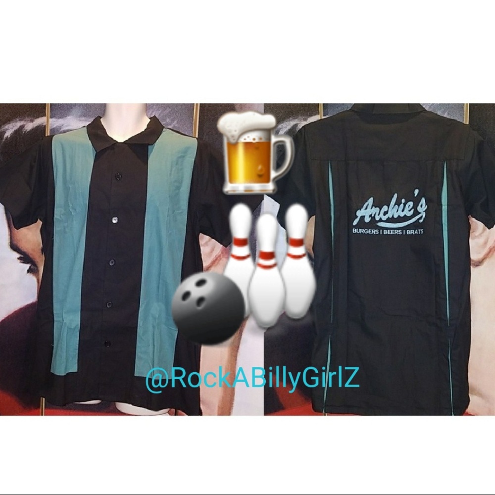 Tatyana Retro Bowling Shirt Blue Panels Embroidery Archie's Burgers Beers Brats